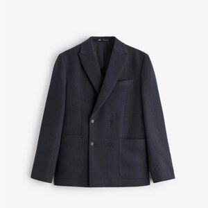 Zara Navy Herringbone Double-Breasted Men's Blazer